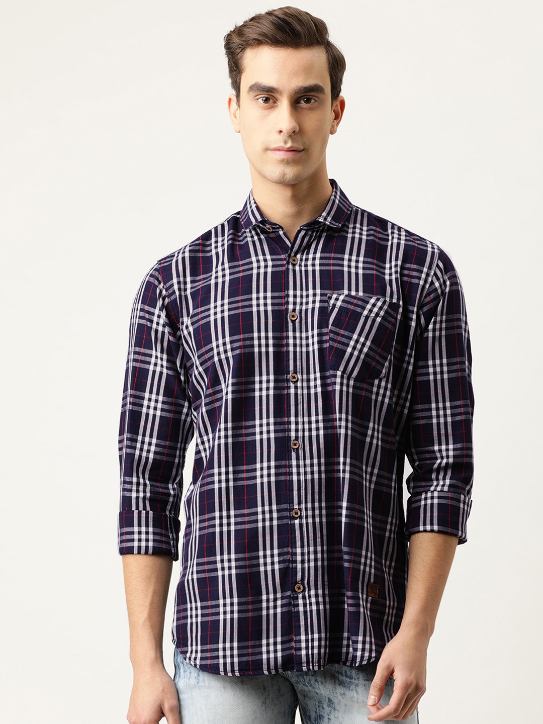 

Campus Sutra Men Blue & White Regular Fit Checked Casual Shirt