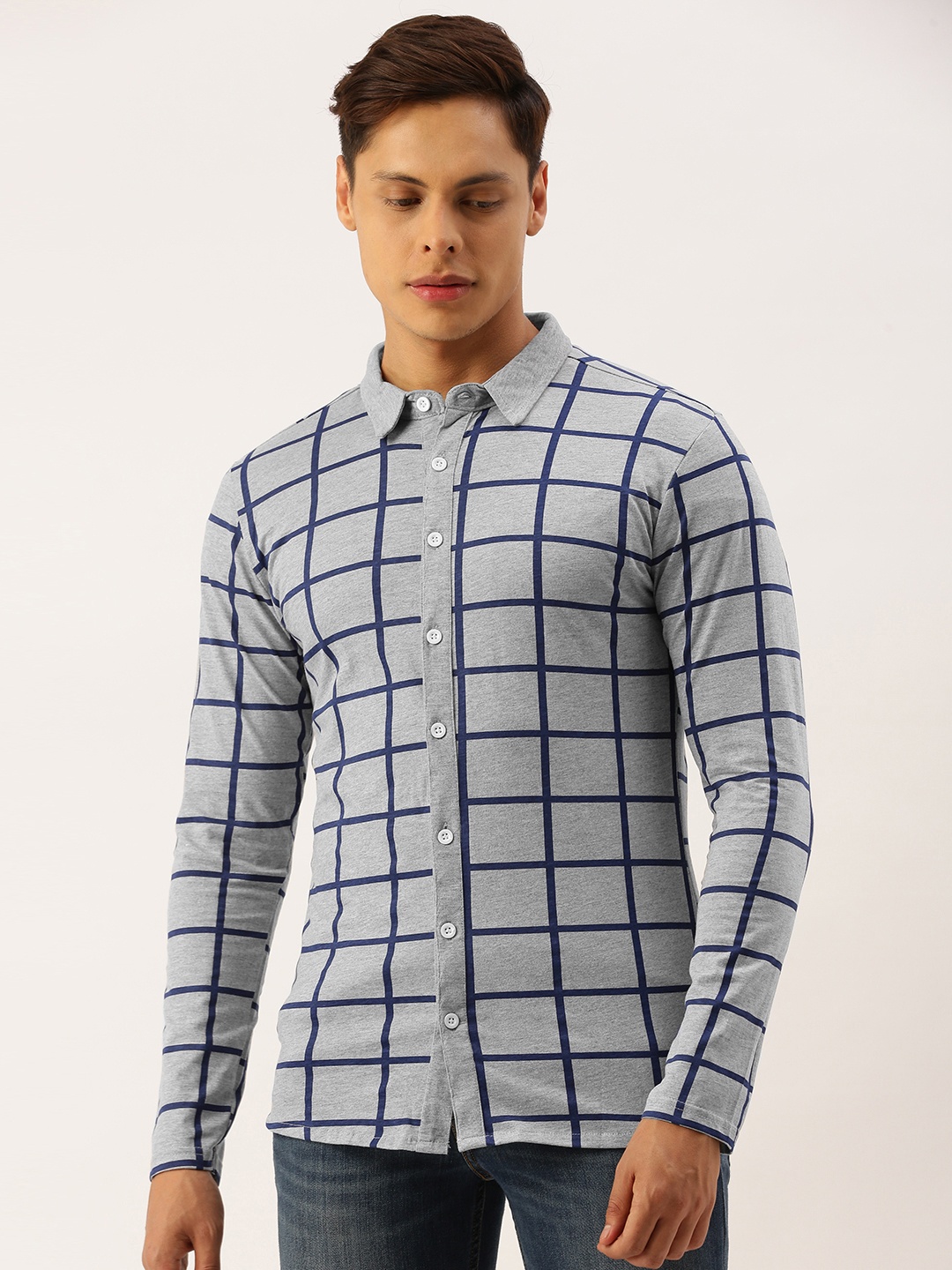 

Campus Sutra Men Grey Melange & Blue Regular Fit Pure Cotton Knitted Checked Casual Shirt