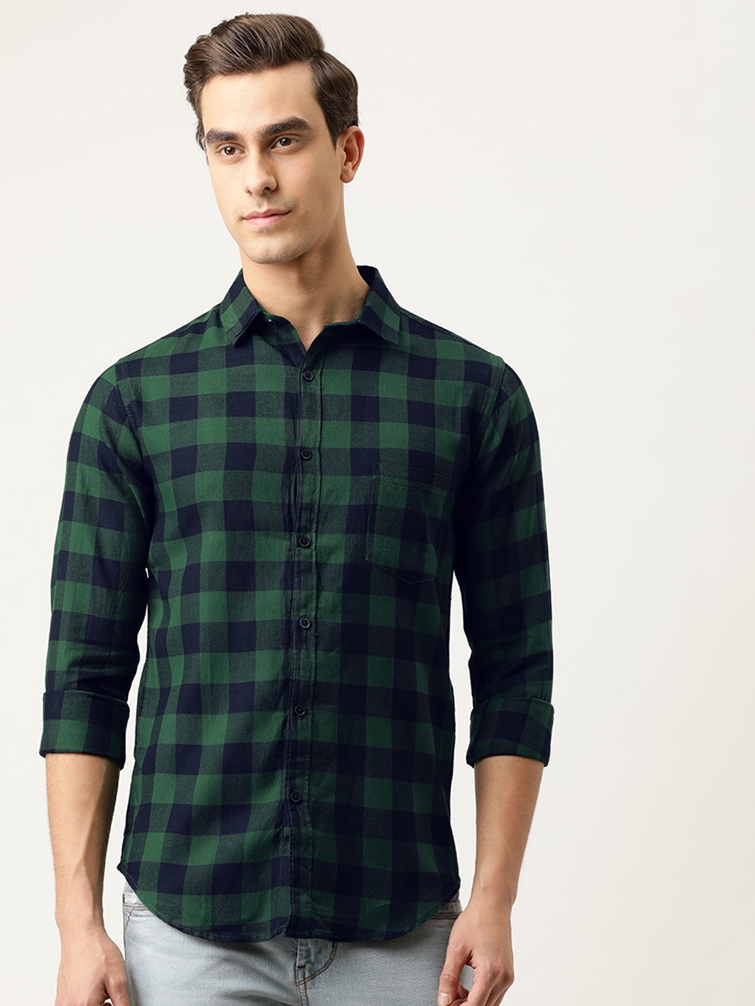

Campus Sutra Men Green & Blue Regular Fit Checked Casual Shirt