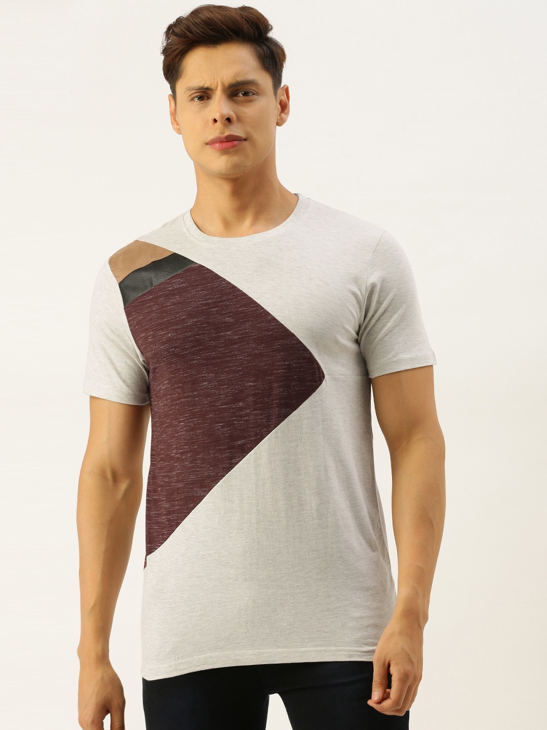 

Campus Sutra Men Grey Melange Burgundy Colourblocked Bio Wash Pure Cotton T-shirt