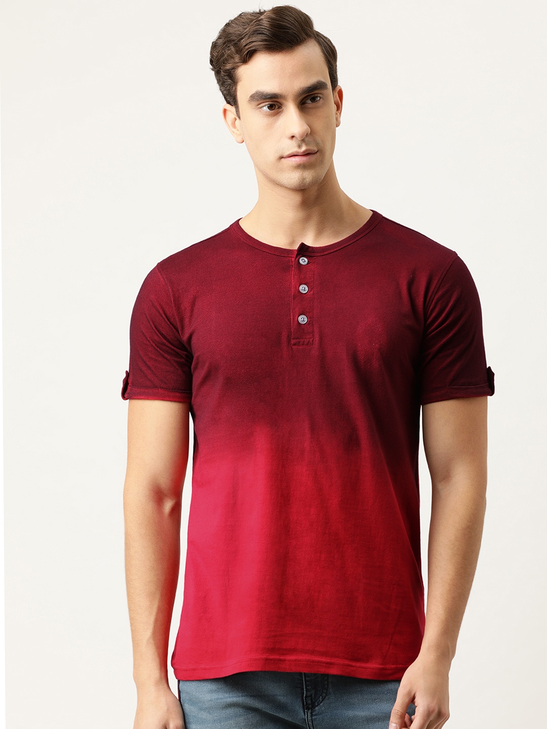 

Campus Sutra Men Maroon Dyed Henley Neck T-shirt