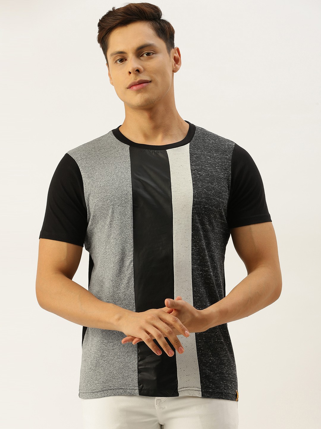 

Campus Sutra Men Grey Black Striped Round Neck Pure Cotton T-shirt