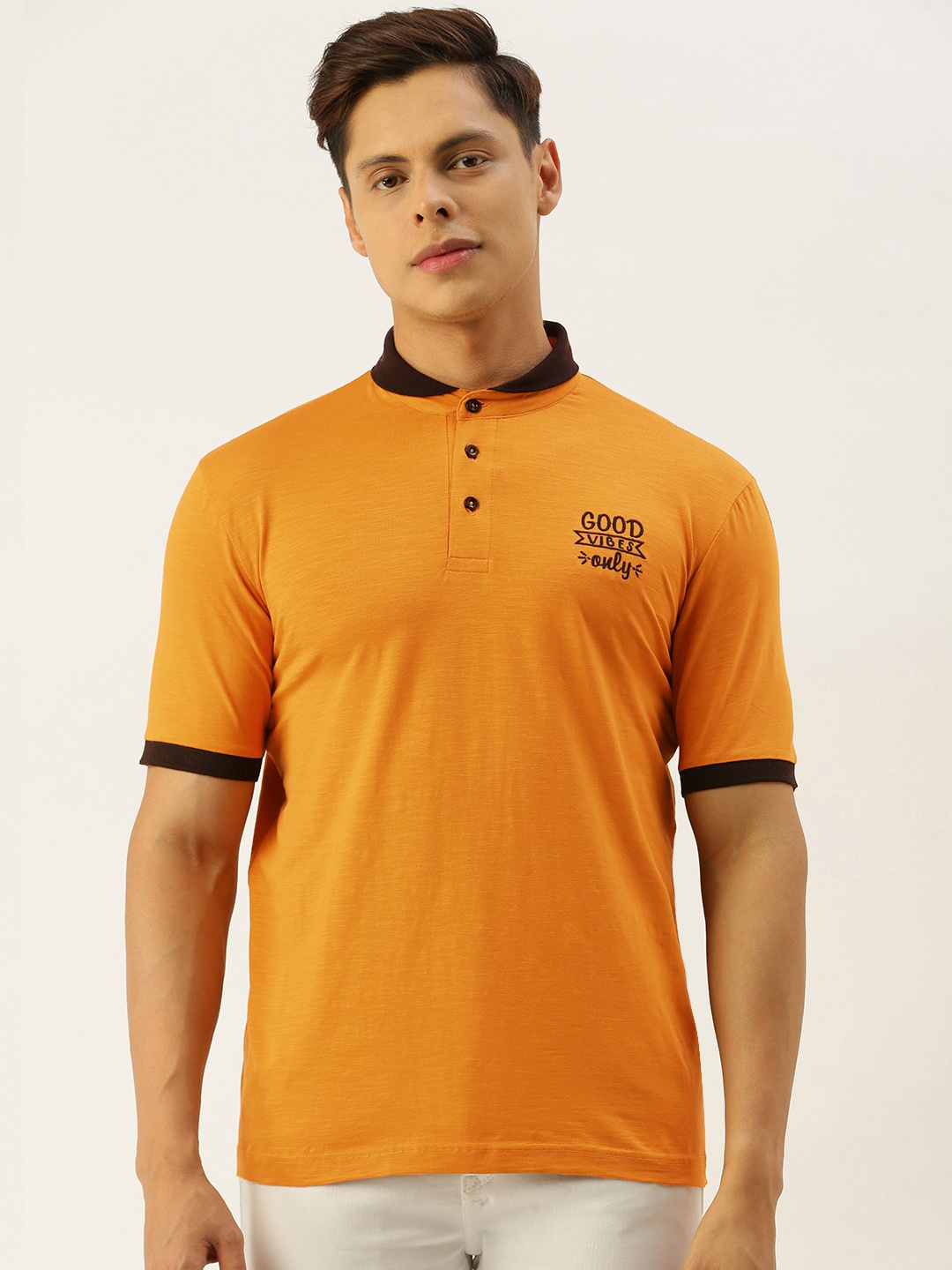 

Campus Sutra Men Mustard Yellow Printed Polo Collar T-shirt