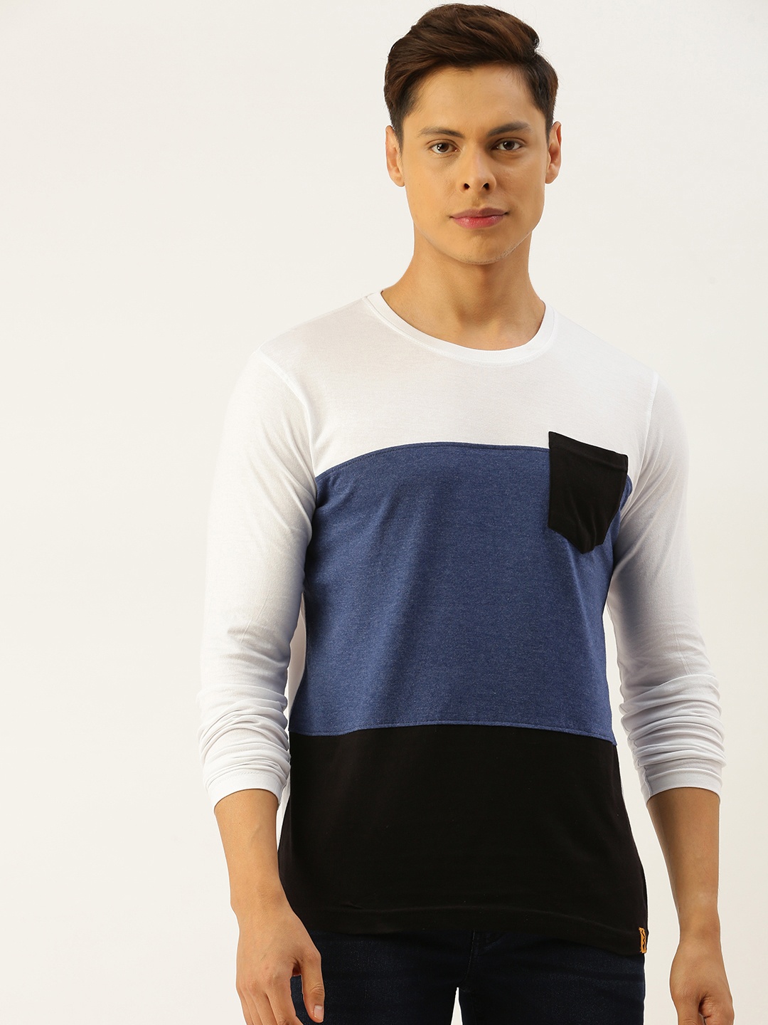 

Campus Sutra Men White & Blue Colourblocked Cotton Round Neck T-shirt
