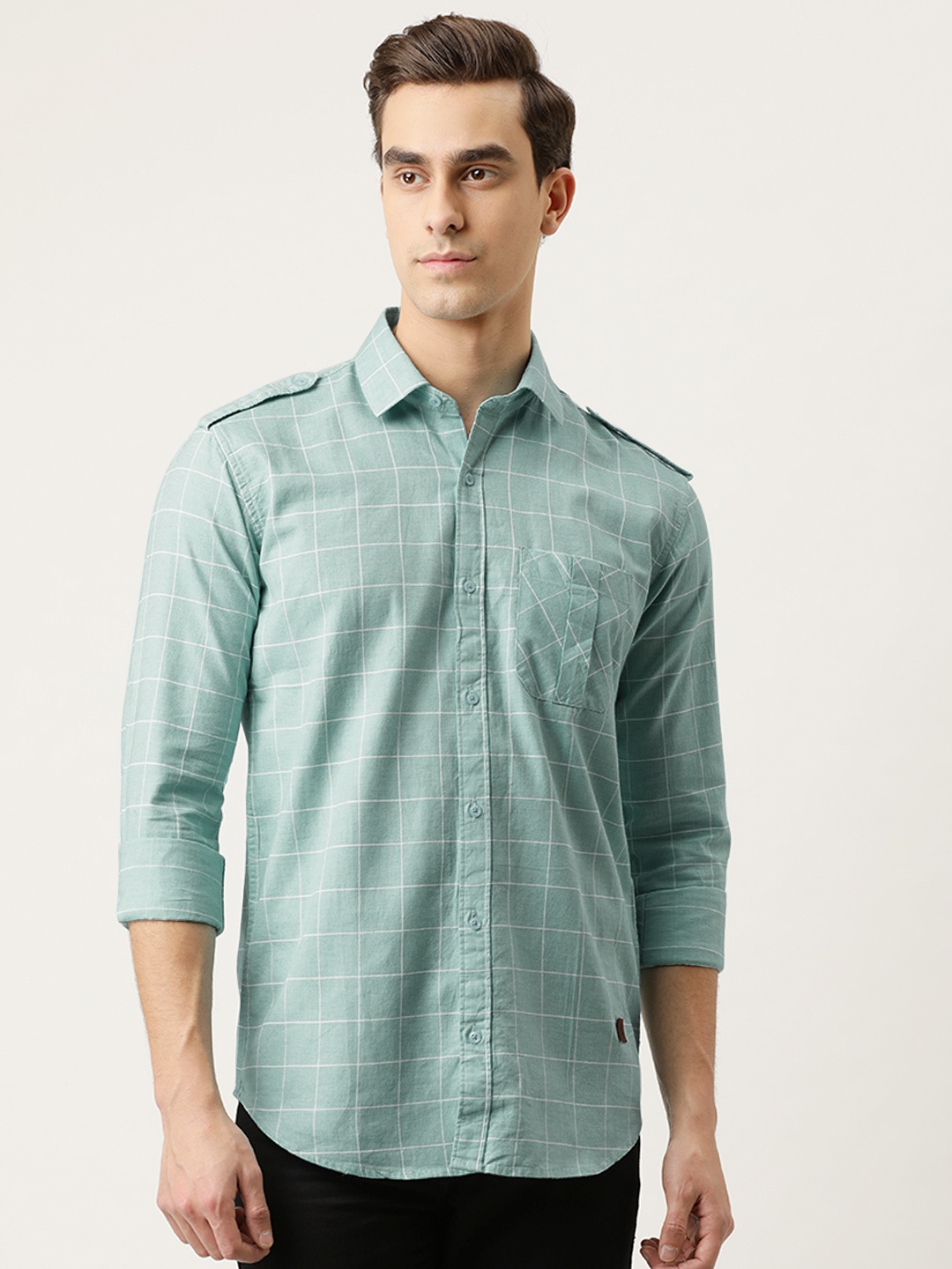 

Campus Sutra Men Sea Green & White Regular Fit Checked Casual Shirt