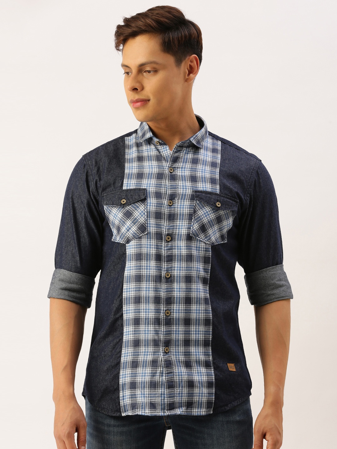 

Campus Sutra Men Blue Regular Fit Denim Cotton Checked Casual Shirt