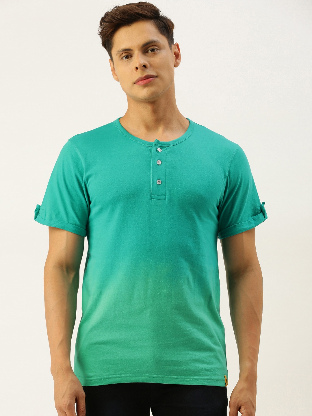 

Campus Sutra Men Sea Green Bio Wash Pure Cotton Solid Henley Neck T-shirt