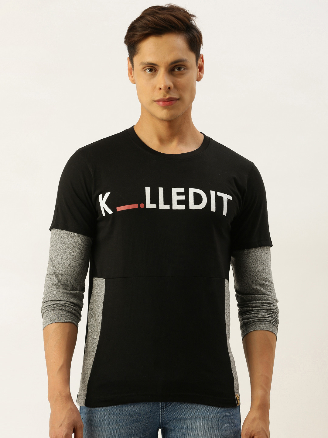 

Campus Sutra Men Black & Grey Melange Bio Wash Printed Round Neck T-shirt