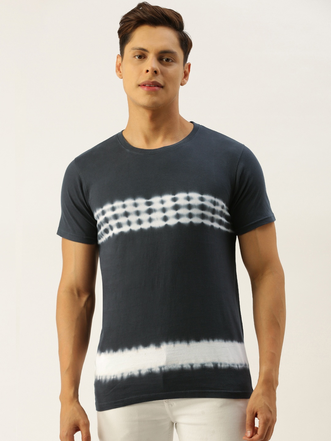 

Campus Sutra Men Teal Blue White Dyed Round Neck Pure Cotton T-shirt