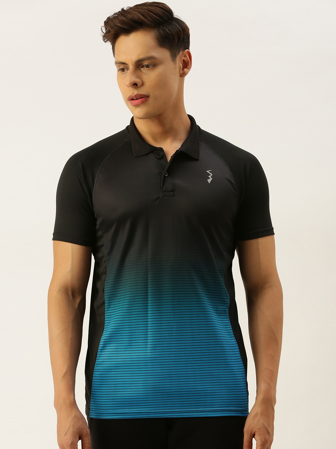 

Campus Sutra Men Black & Blue Striped Polo Collar T-shirt