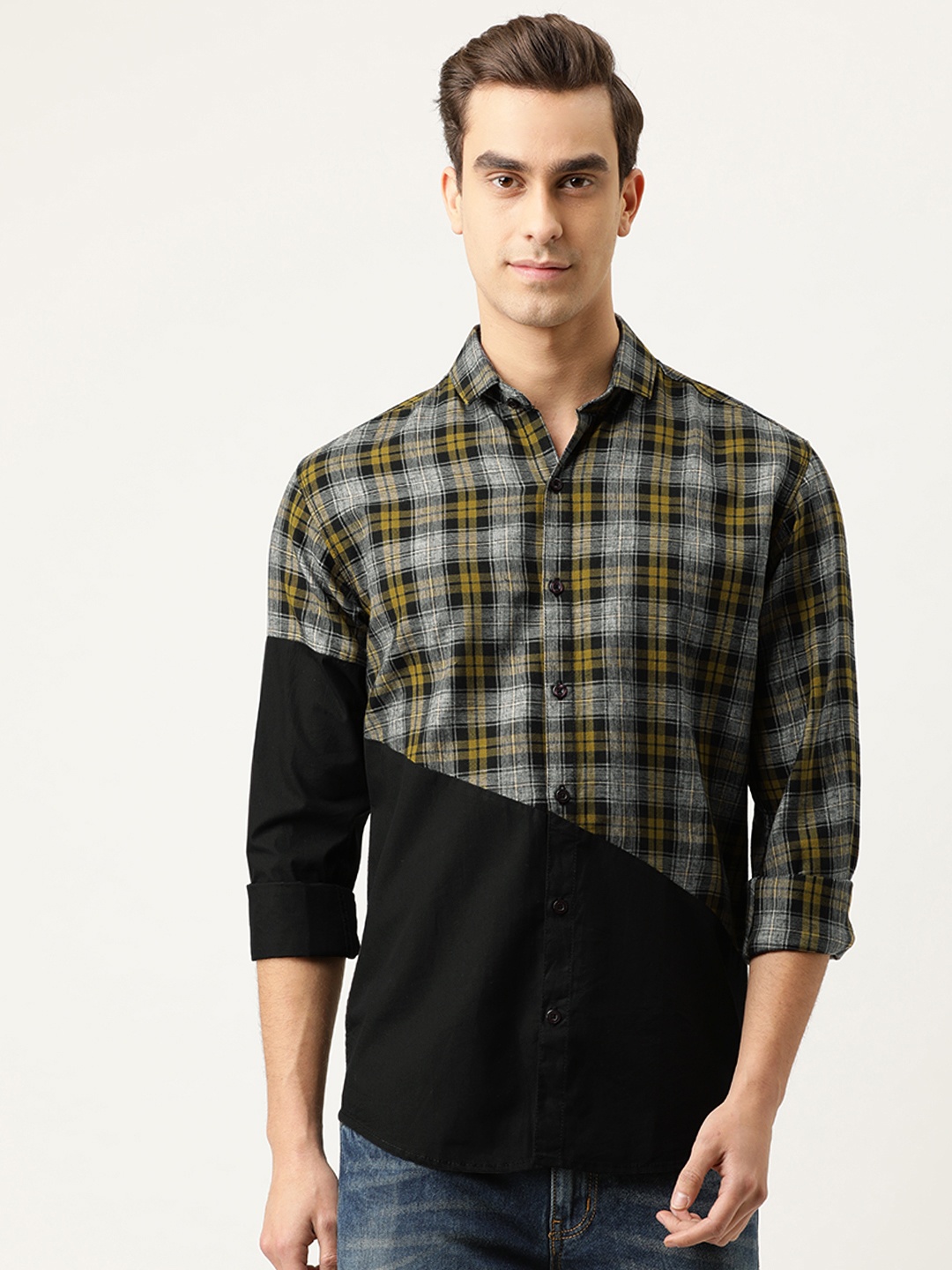 

Campus Sutra Men Olive Green & Grey Regular Fit Checked Casual Shirt