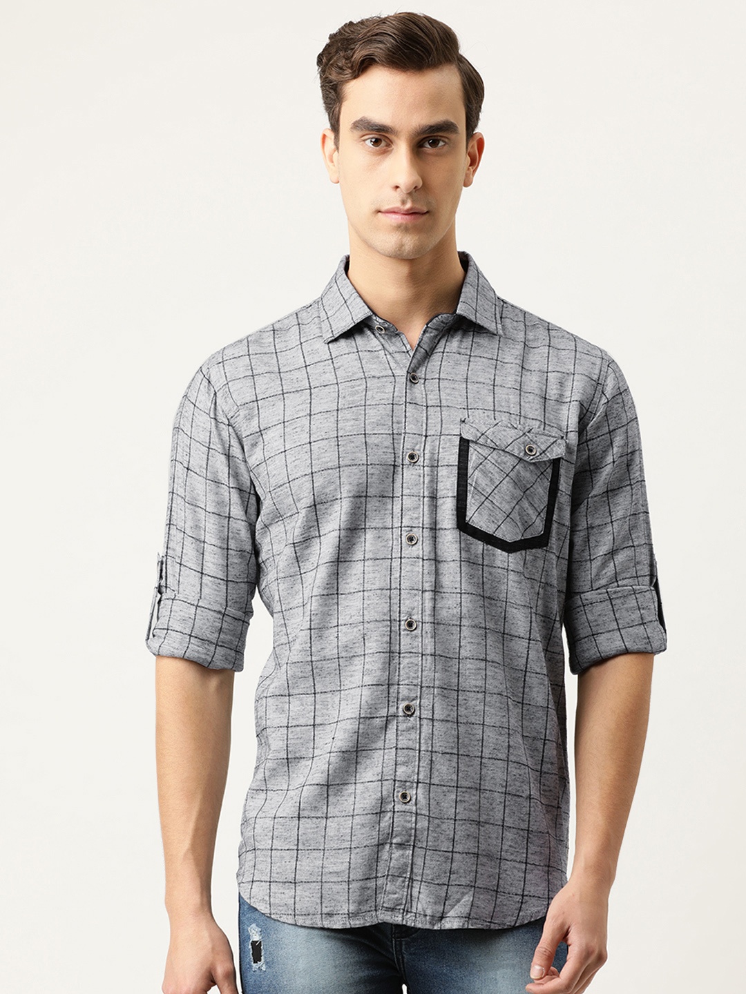 

Campus Sutra Men Grey & Black Regular Fit Checked Casual Shirt