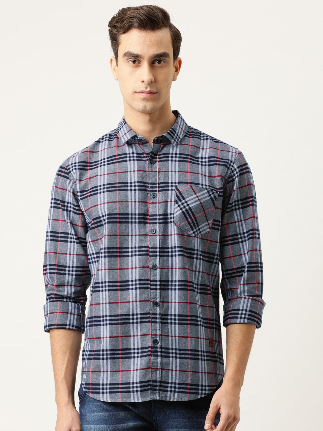 

Campus Sutra Men Grey & Navy Blue Regular Fit Checked Casual Shirt