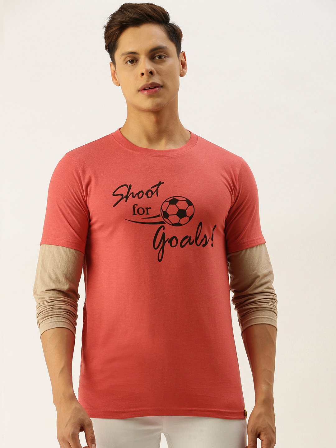

Campus Sutra Men Coral Pink Printed Round Neck Pure Cotton T-shirt