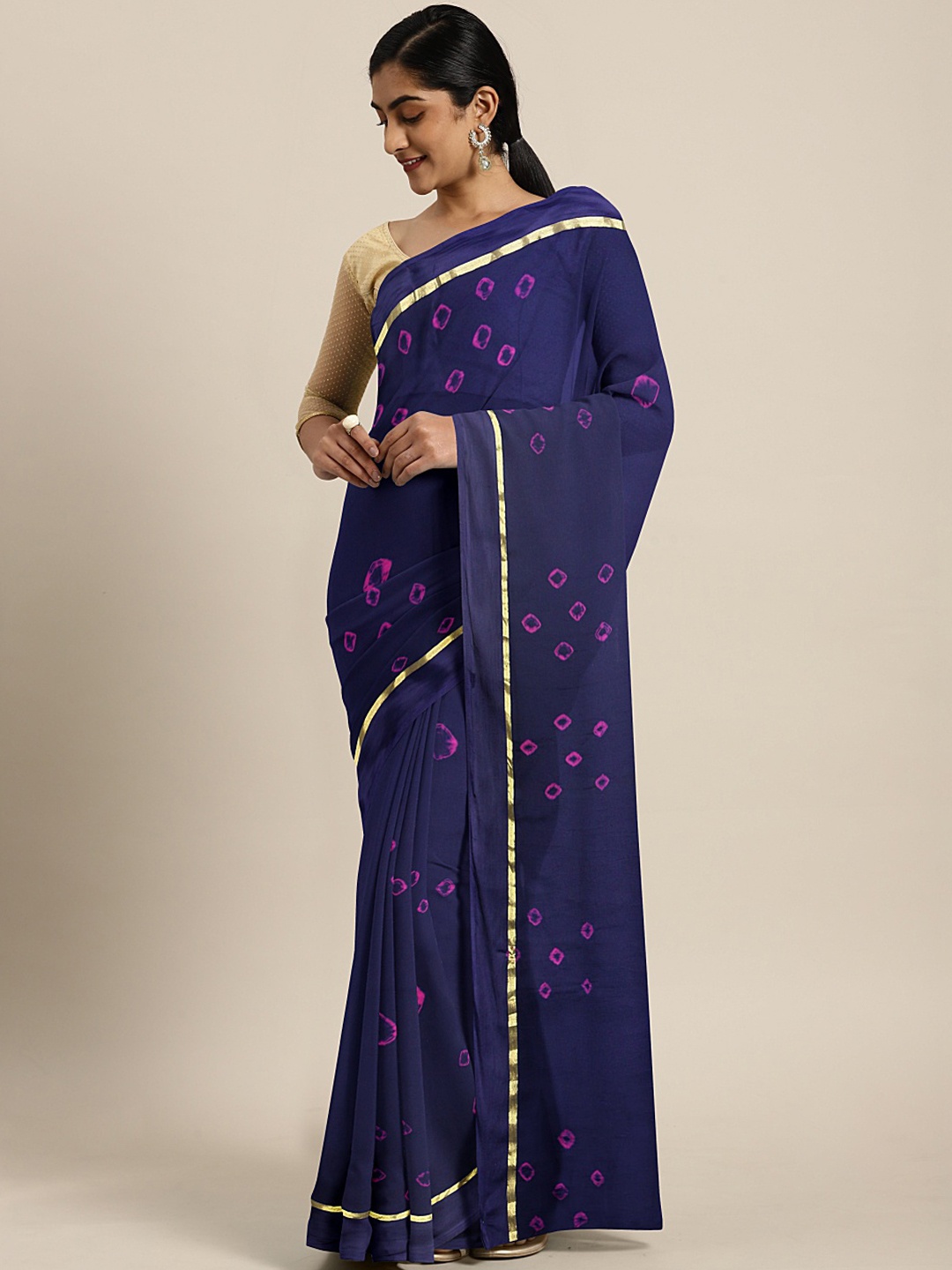 

KALINI Navy Blue & Pink Printed Bandhani Celebrity Saree