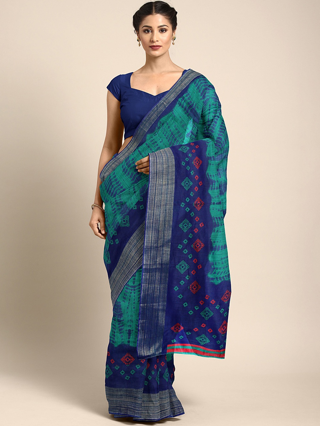 

KALINI Green & Blue Printed Bandhani Saree