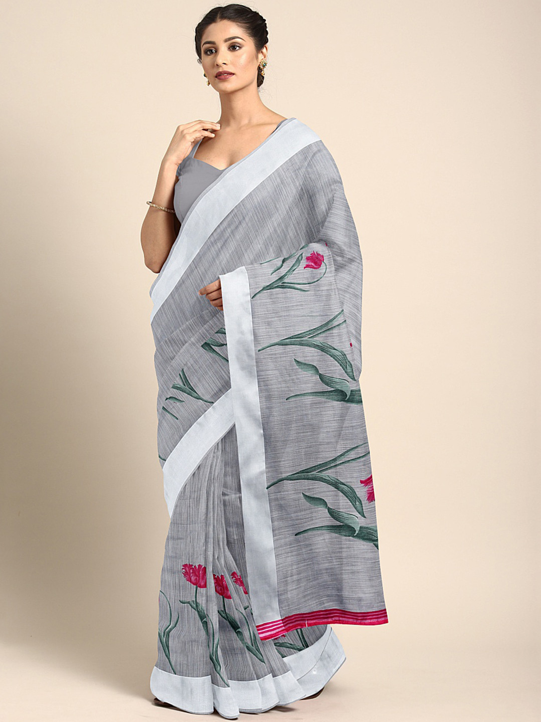 

KALINI Grey & Pink Printed Taant Saree