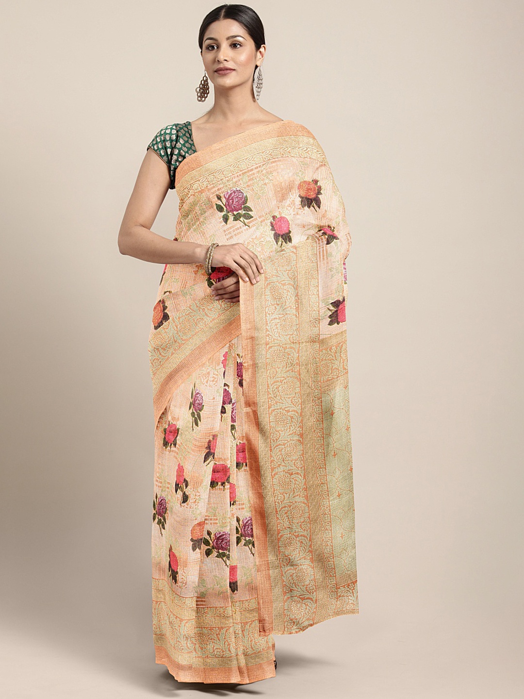 

KALINI Orange & Purple Cotton Blend Floral Printed Khadi Saree