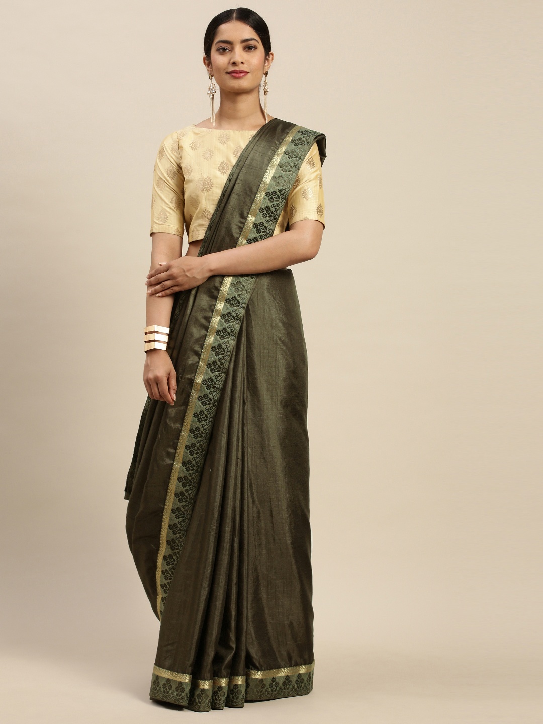 

Indian Women Olive Green Solid Saree