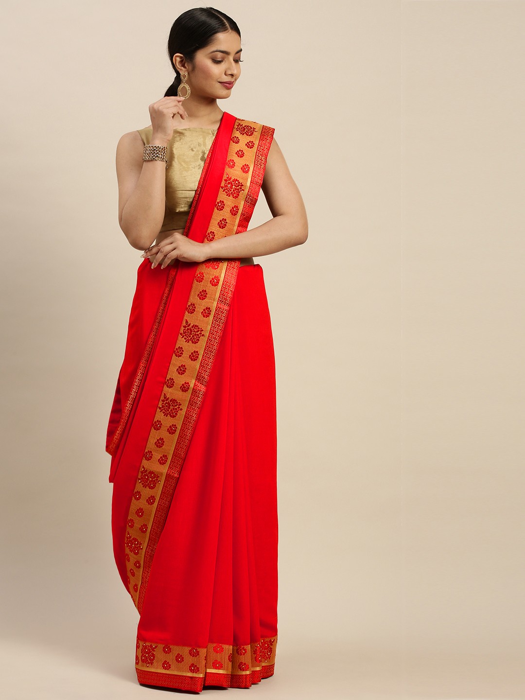 

Indian Women Red & Golden Solid Ready to Wear Saree