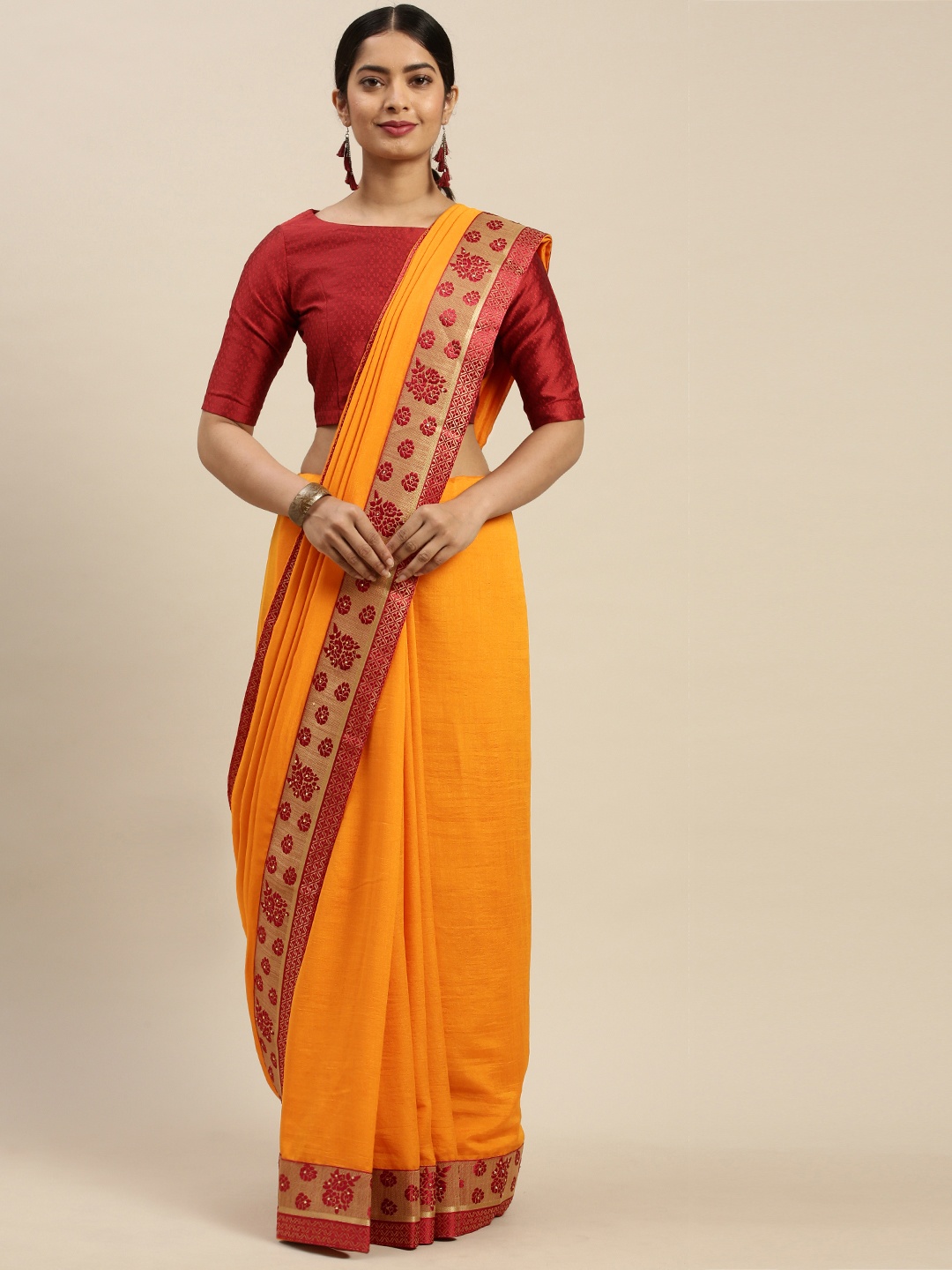 

Indian Women Yellow & Maroon Solid Ready to Wear Saree