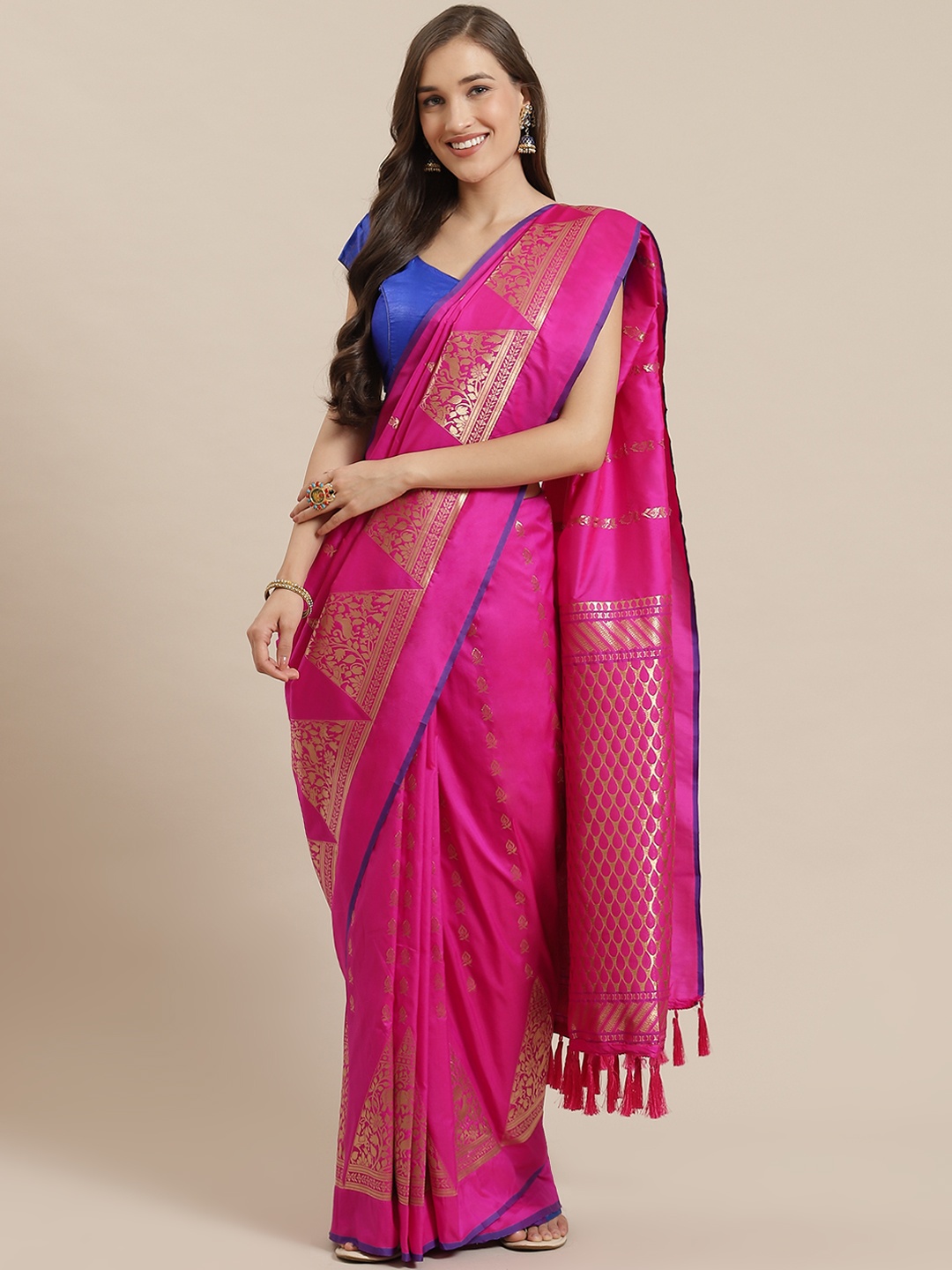 

Mitera Fuchsia & Gold-Toned Silk Blend Woven Design Banarasi Saree