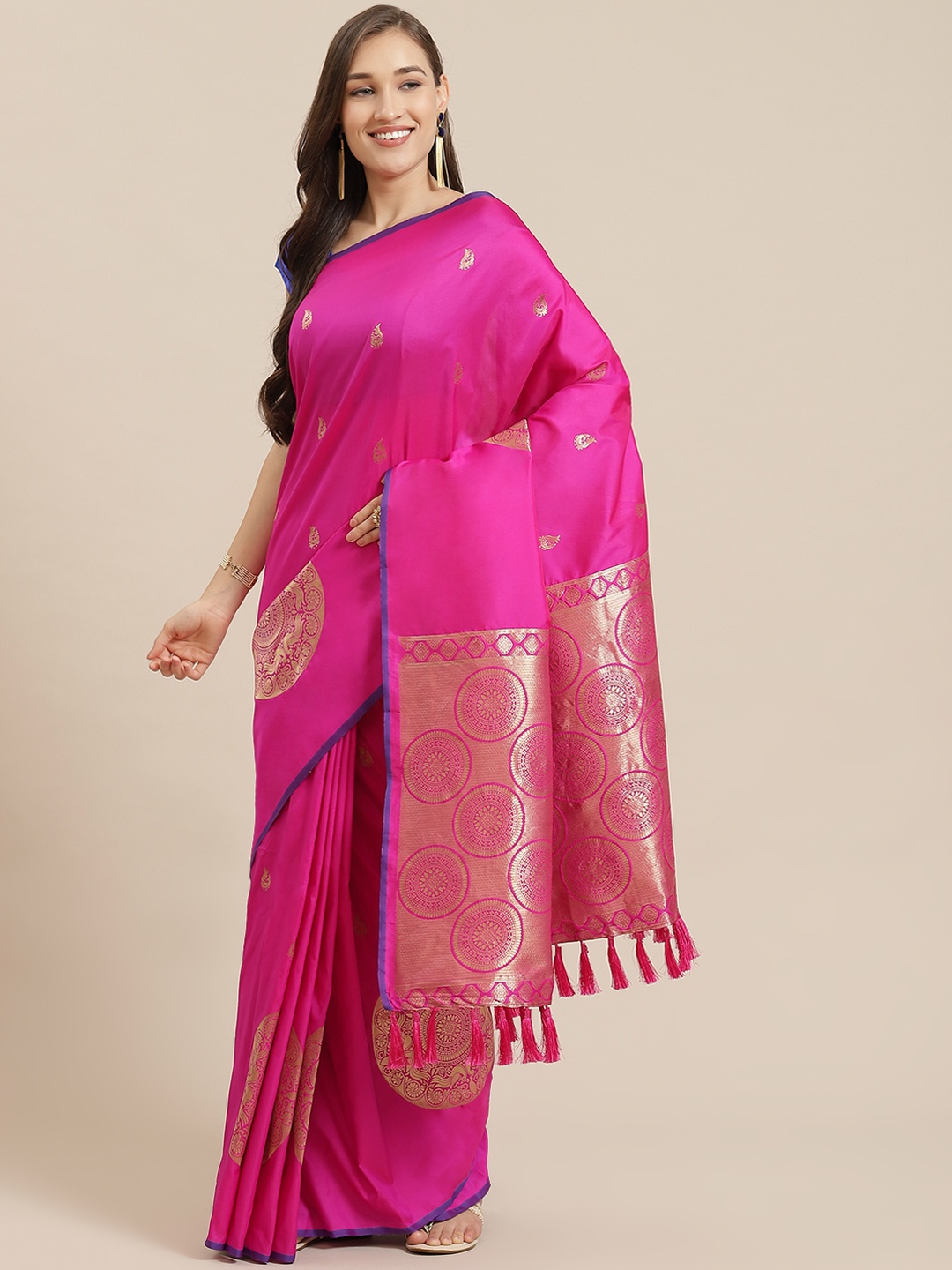 

Mitera Fuchsia & Golden Silk Blend Woven Design Banarasi Saree