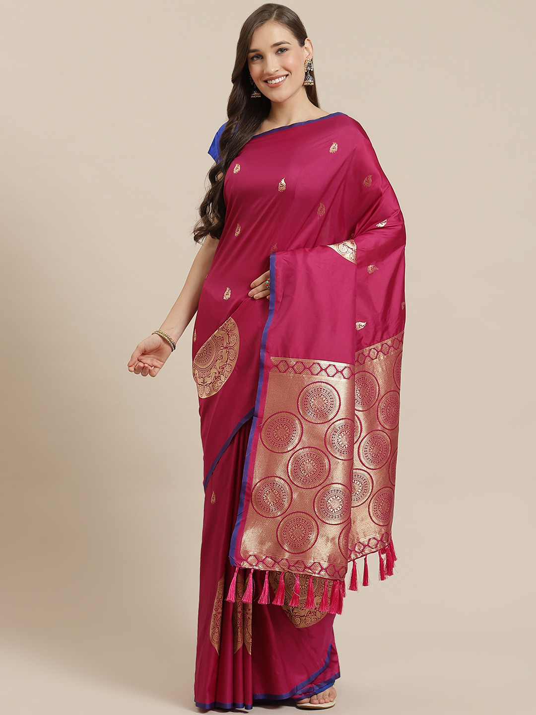 

Mitera Burgundy & Golden Silk Blend Woven Design Banarasi Saree