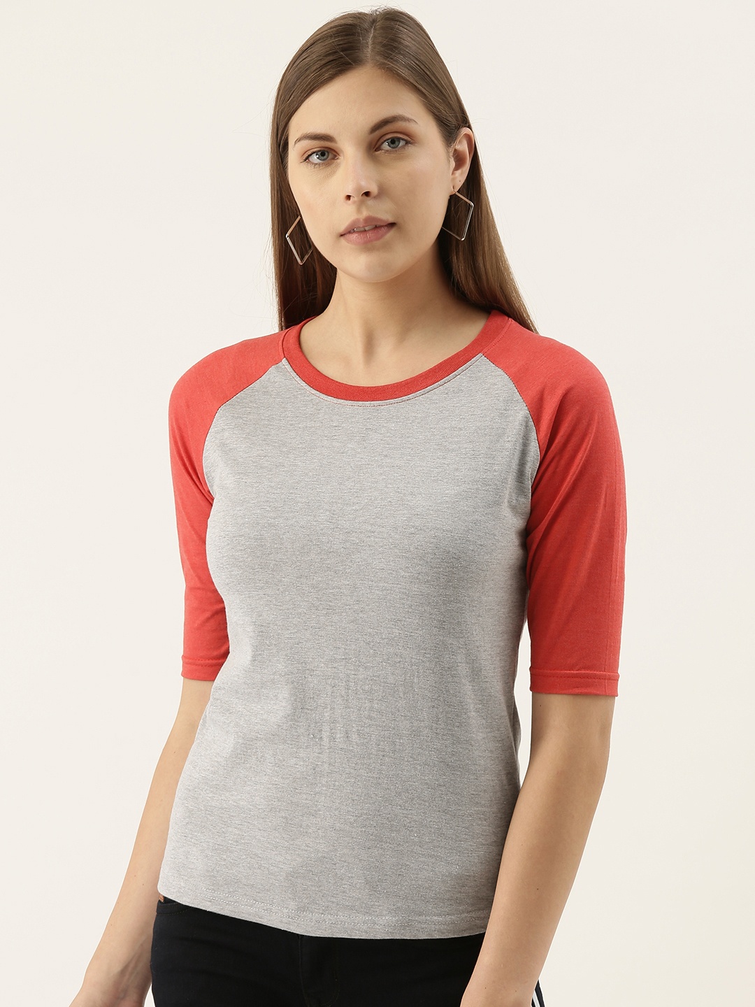 

Campus Sutra Women Grey Melange Solid Round Neck Pure Cotton T-shirt