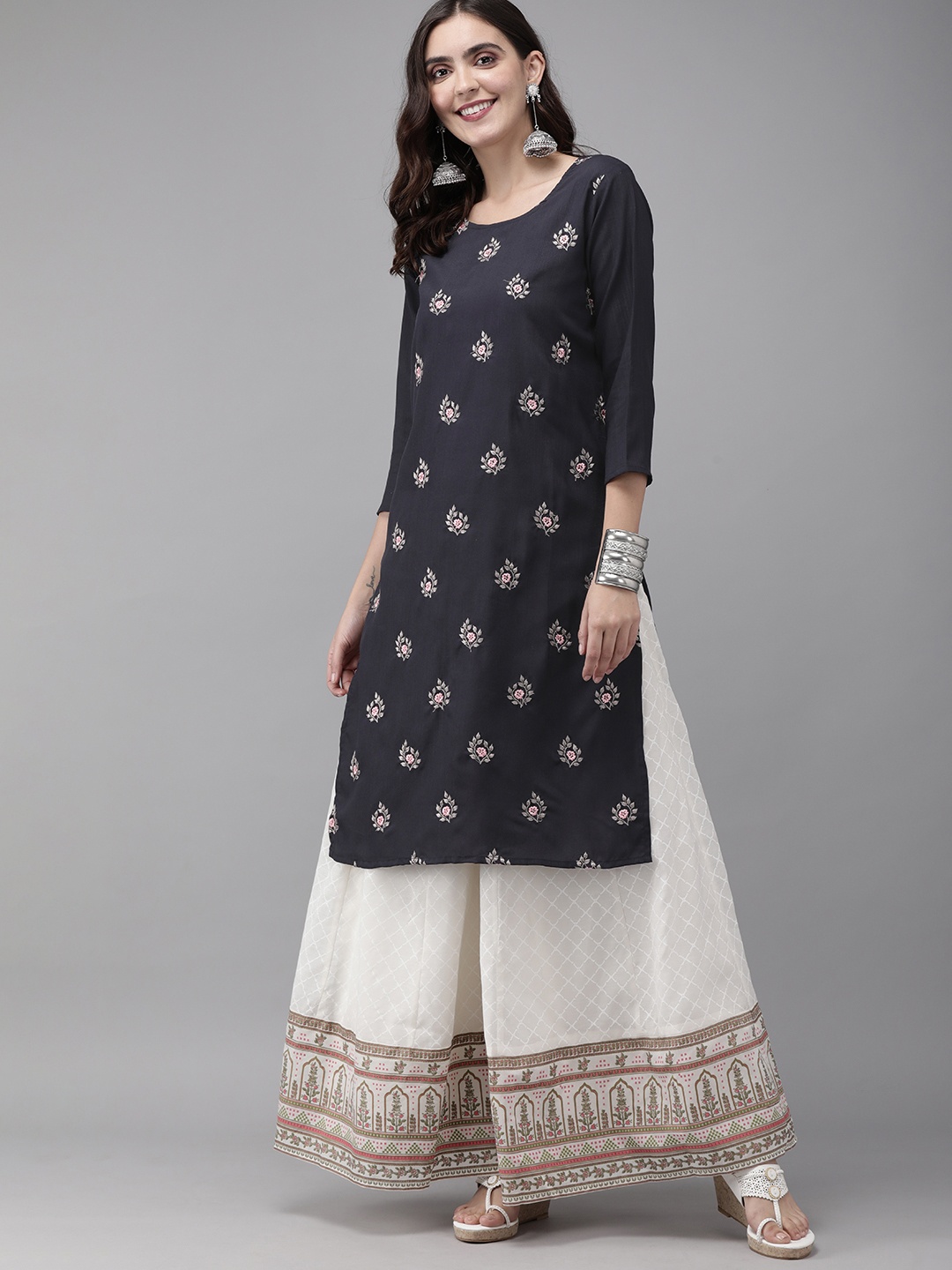

MIMOSA Women Navy Blue Floral Embroidered Straight Kurta
