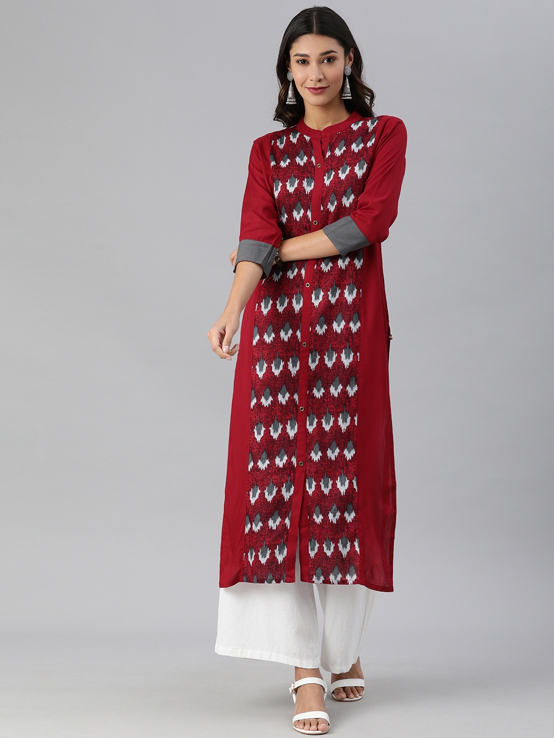 

KSUT Women Maroon & Grey Woven Design Mandarin Collar Straight Kurta