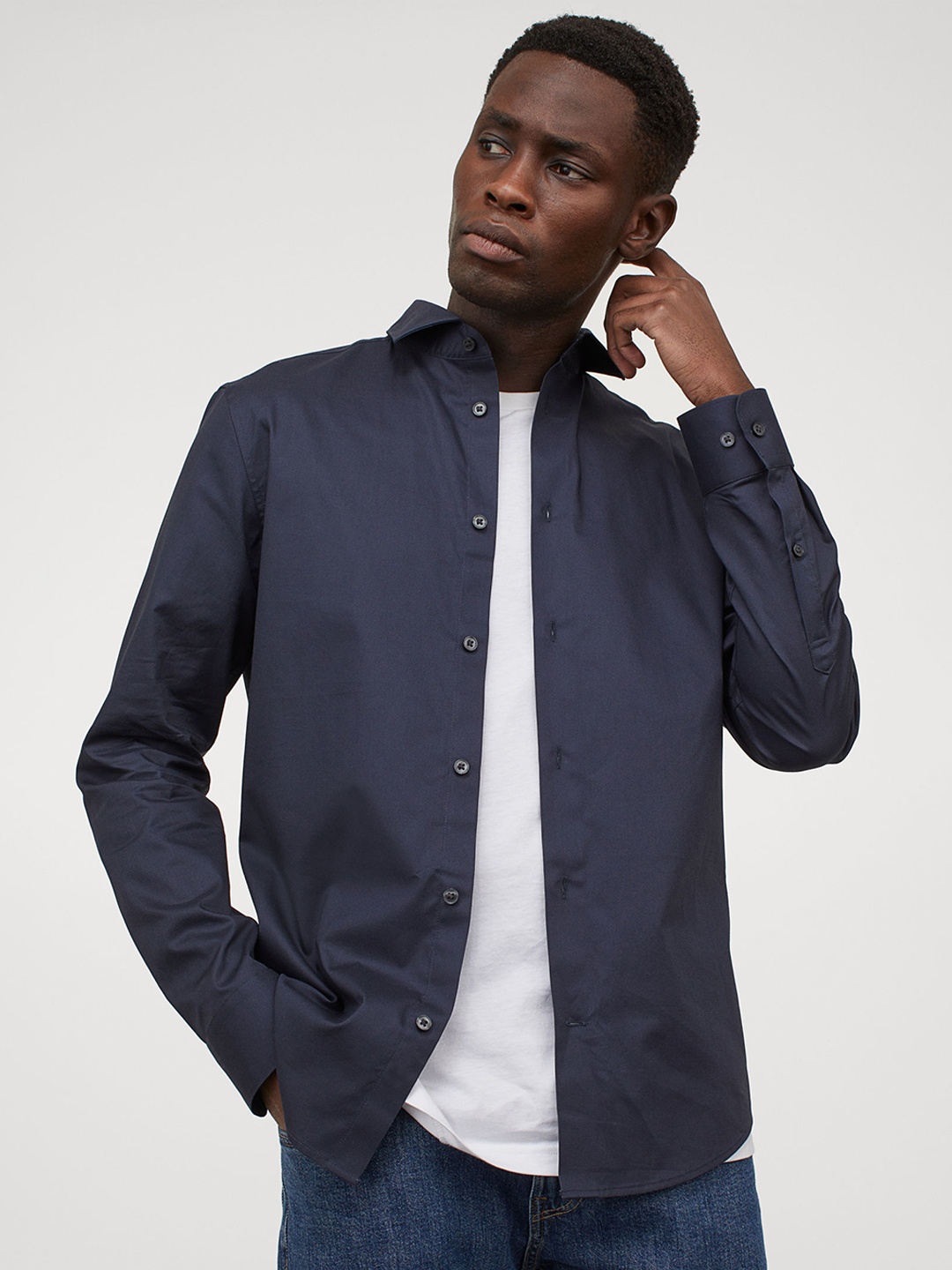 

H&M Men Blue Solid Premium Cotton Shirt