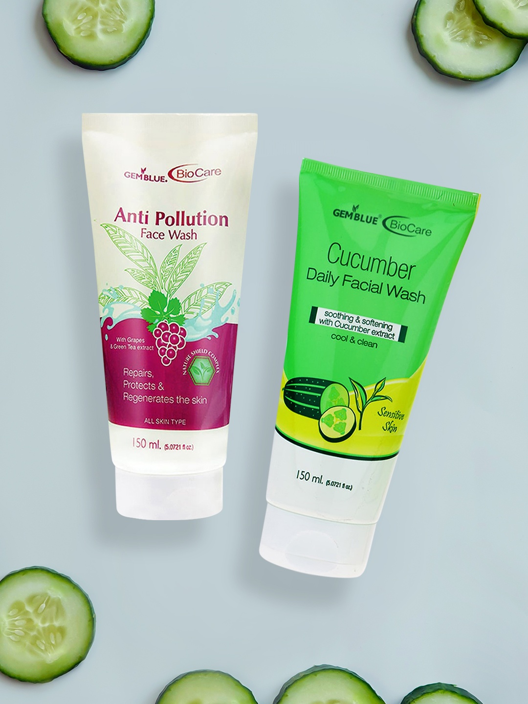 

GEMBLUE BioCare Combo of Anti-Pollution with Green tea and Cucumber Face Washes 150ml each, Purple