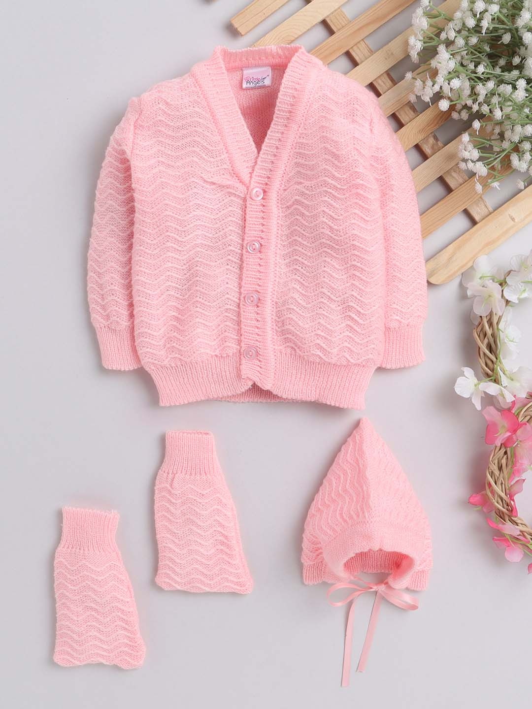 

Little Angels Unisex Kids Peach-Coloured Self Design Cardigan Sweater Set