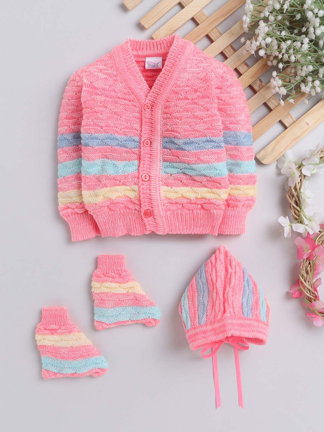 

Little Angels Unisex Kids Rose Striped Front-Open Sweater