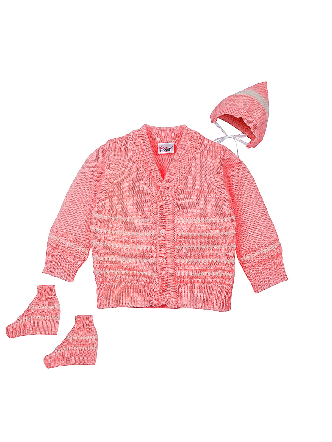 

Little Angels Unisex Kids Pink Self Design Cardigan Sweater Set