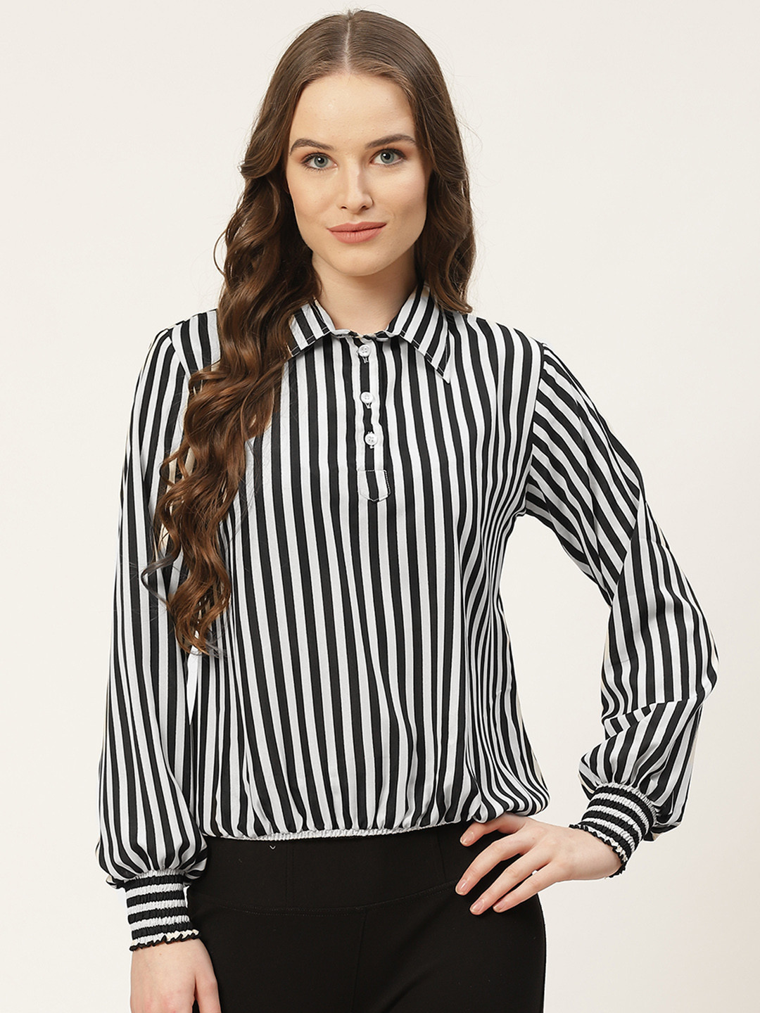 

One Femme White & Blue Striped Smocked Puff Sleeves Shirt Style Top