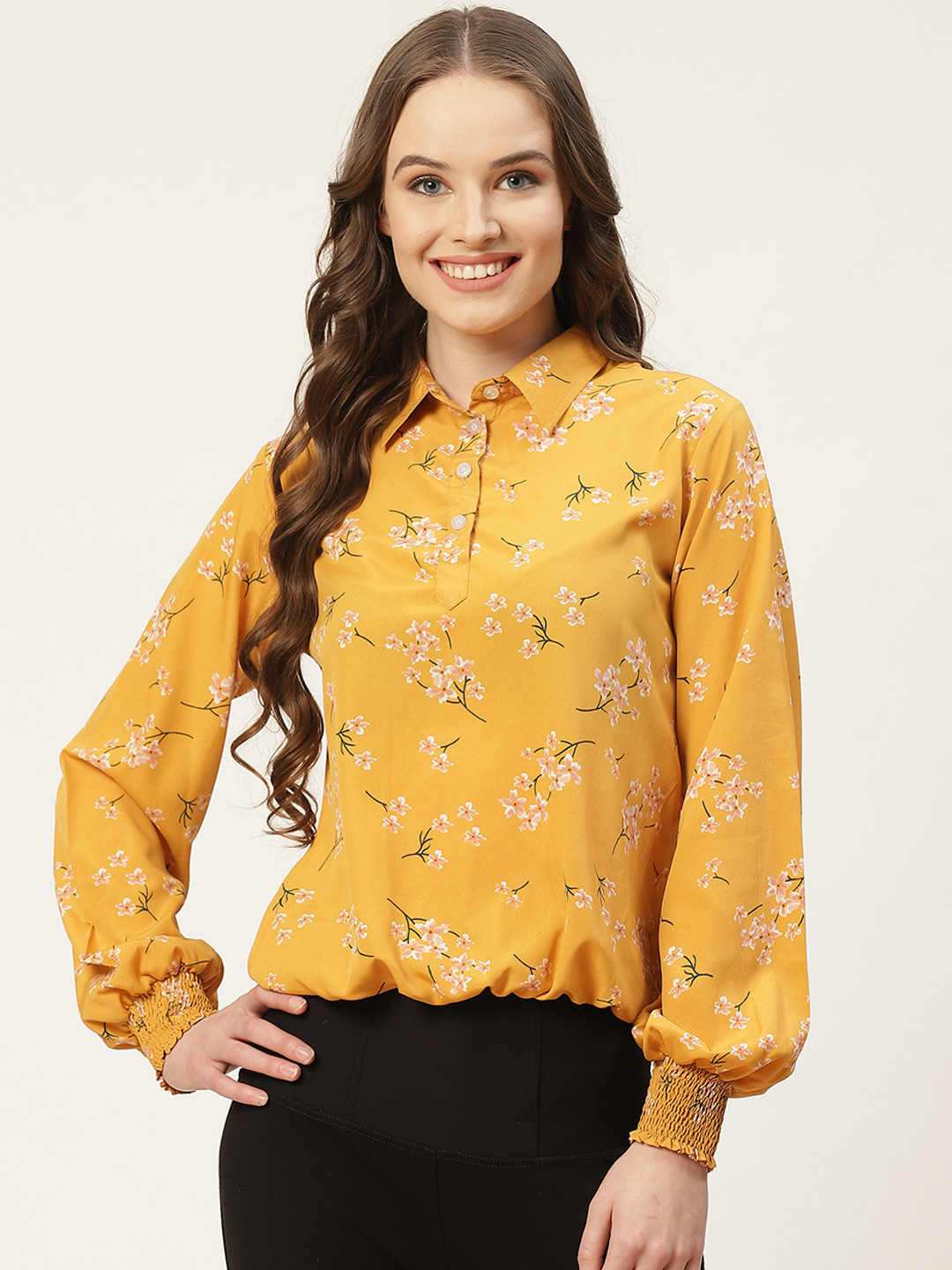 

One Femme Yellow & Pink Floral Printed Smocked Puff Sleeves Crepe Shirt Style Top