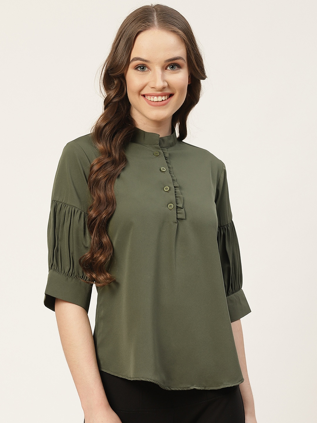 

One Femme Olive Green Solid Mandarin Collar Puff Sleeves Crepe Top