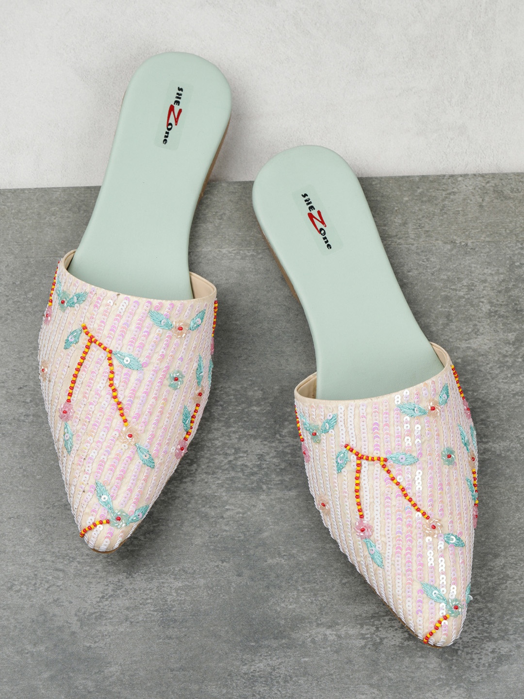 

Shezone Women Cream-Coloured Woven Design Mules