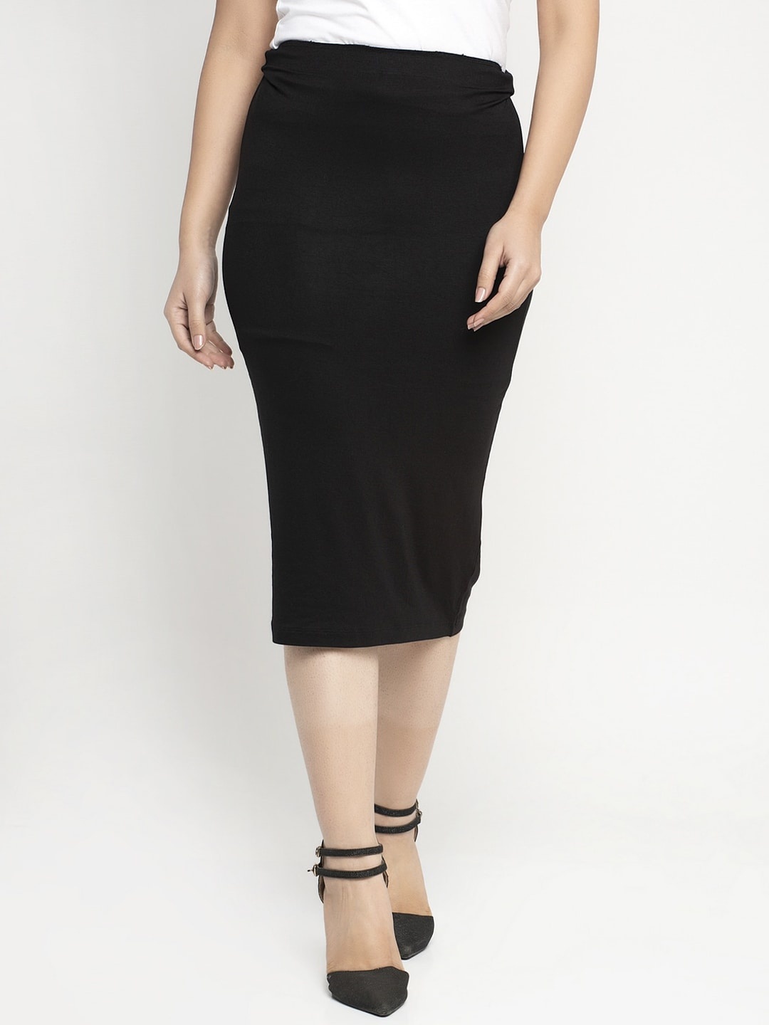 

DOOR74 Women Black Solid Knee Length Straight Skirt