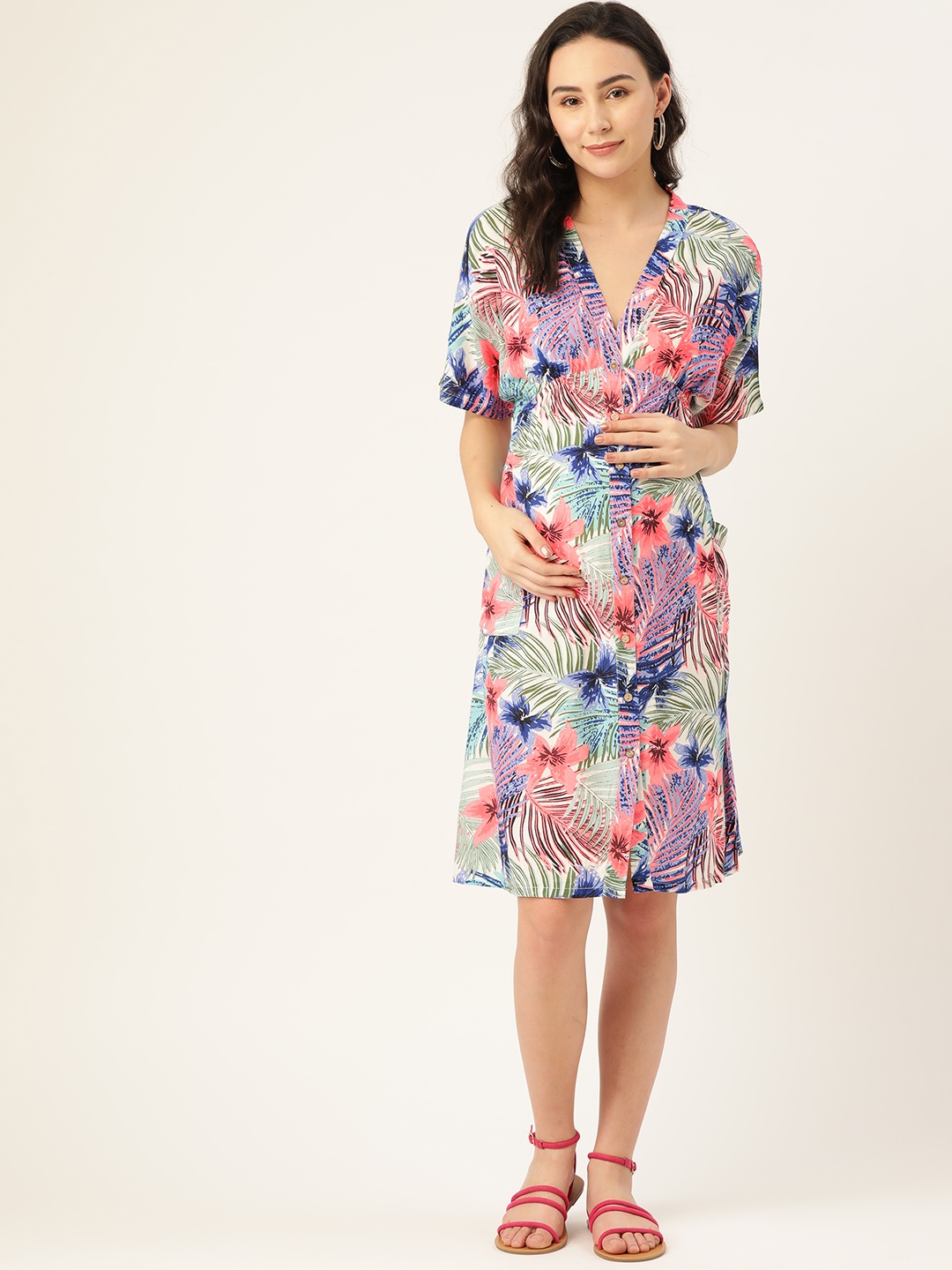 

The Vanca Women Pink & Blue Printed Sustainable Maternity Empire Dress