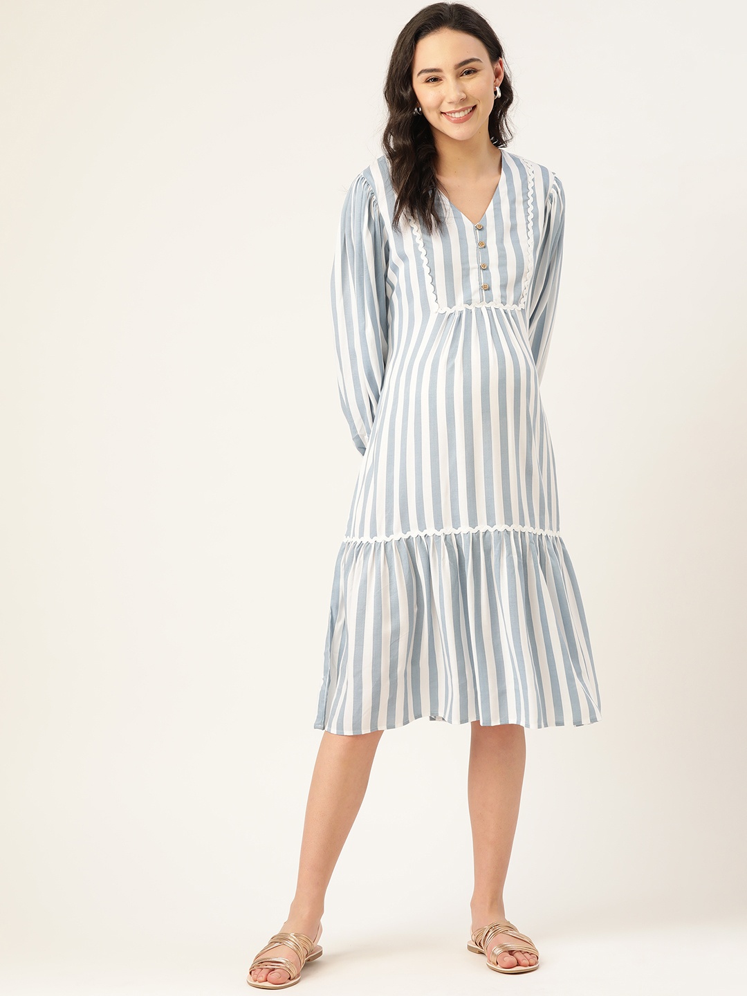 

The Vanca Women Blue Striped Sustainable Maternity A-Line Dress