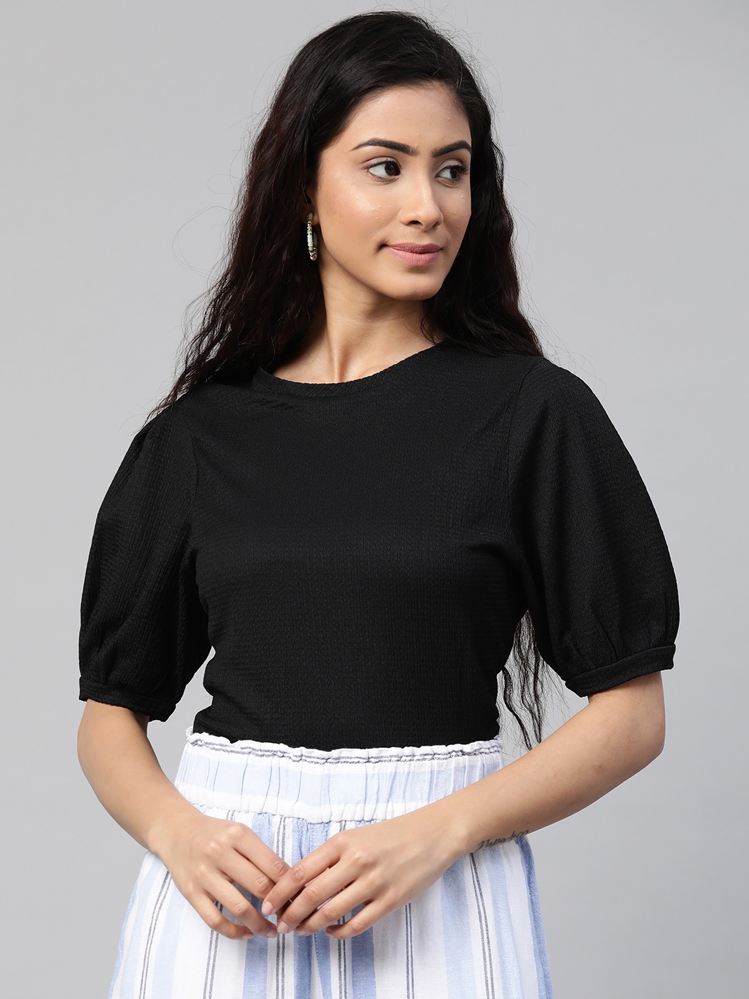 

Marks & Spencer Women Black Textured Puff Sleeves Top