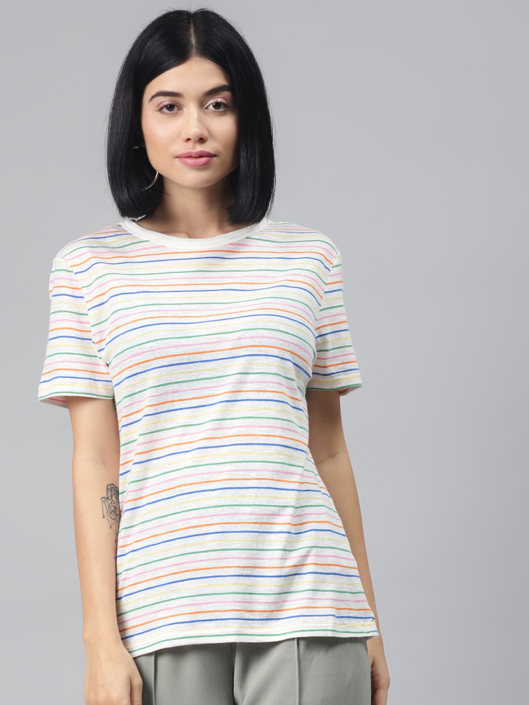 

Marks Spencer Women White Striped Round Neck Pure Cotton T-shirt