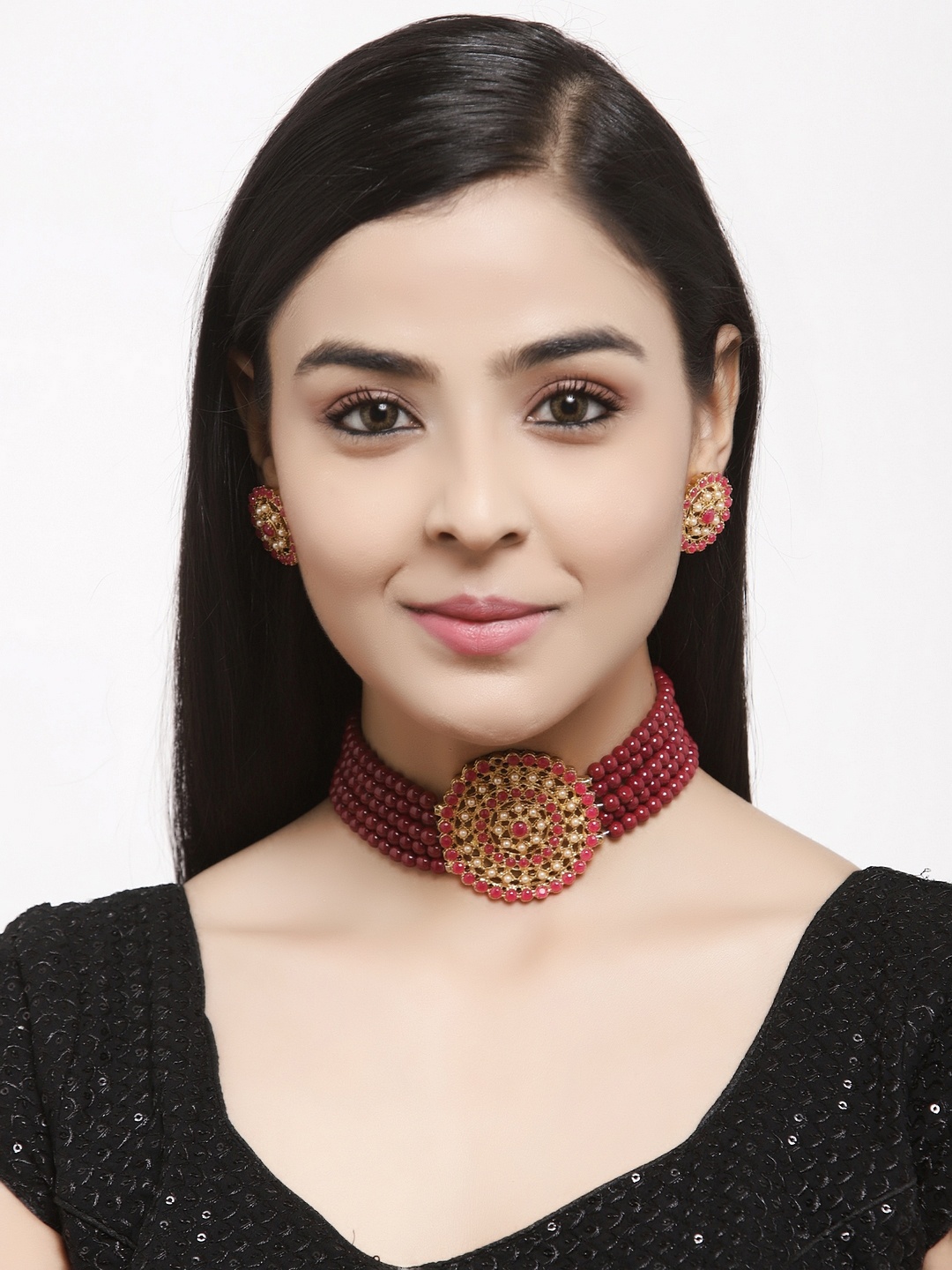 

Shining Diva Gold-Plated Red Stone-Studded Pearl Embellished Jewellery Set