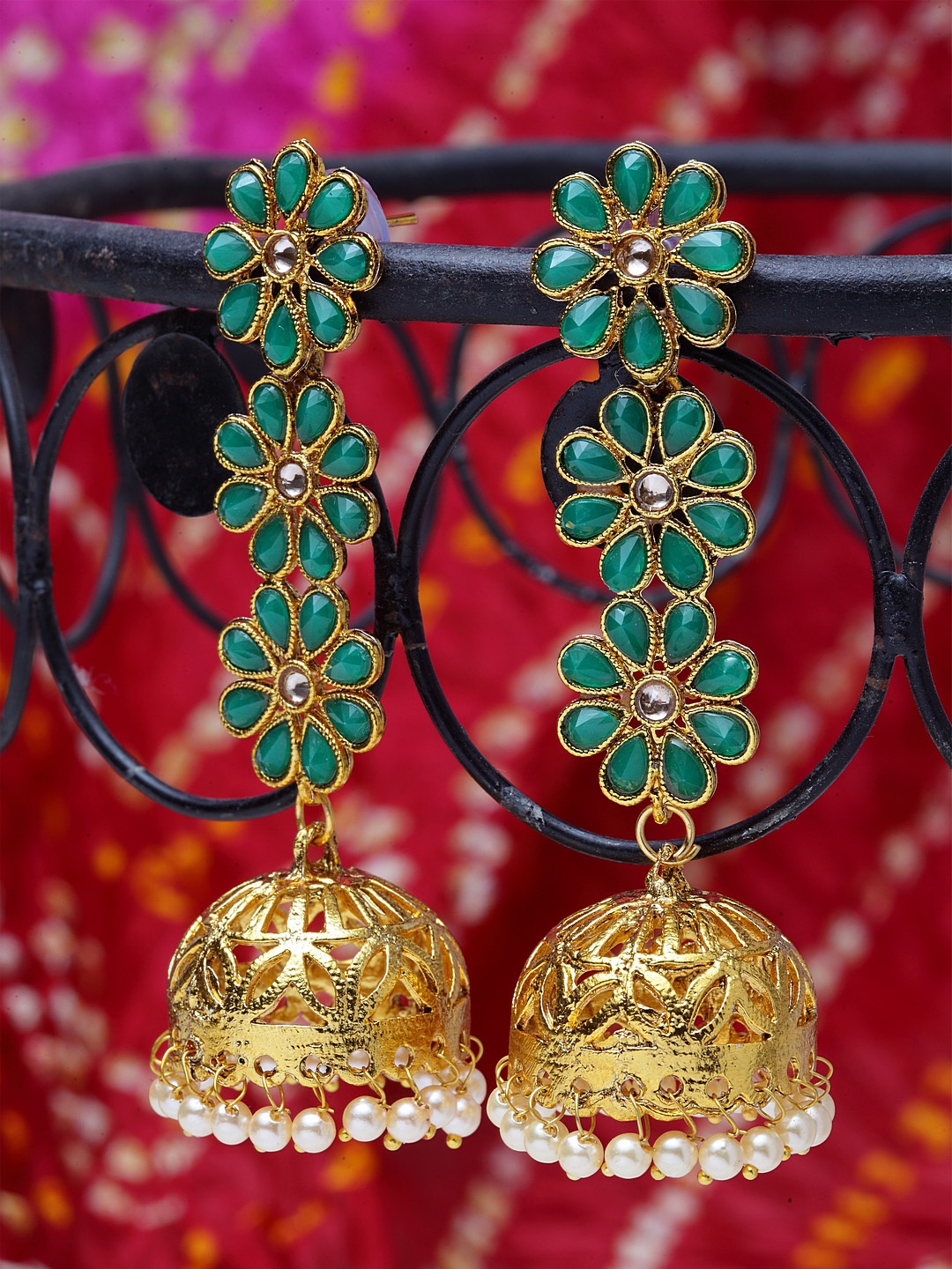 

Shining Diva Gold-Plated Green Dome Shaped Jhumkas