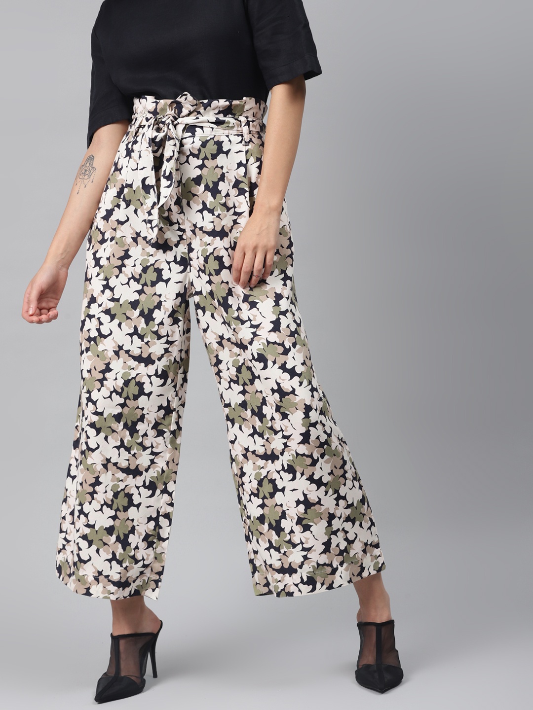 

Marks & Spencer Women Off-White & Olive Green Flared Floral Printed Crop Parallel Trousers