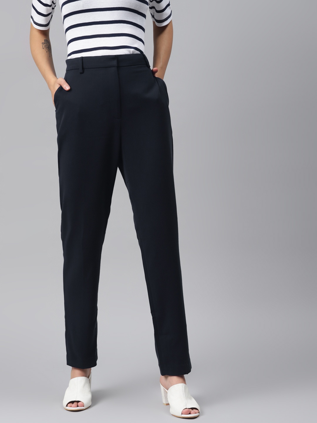 

Marks & Spencer Women Navy Blue Slim Fit Solid Regular Trousers