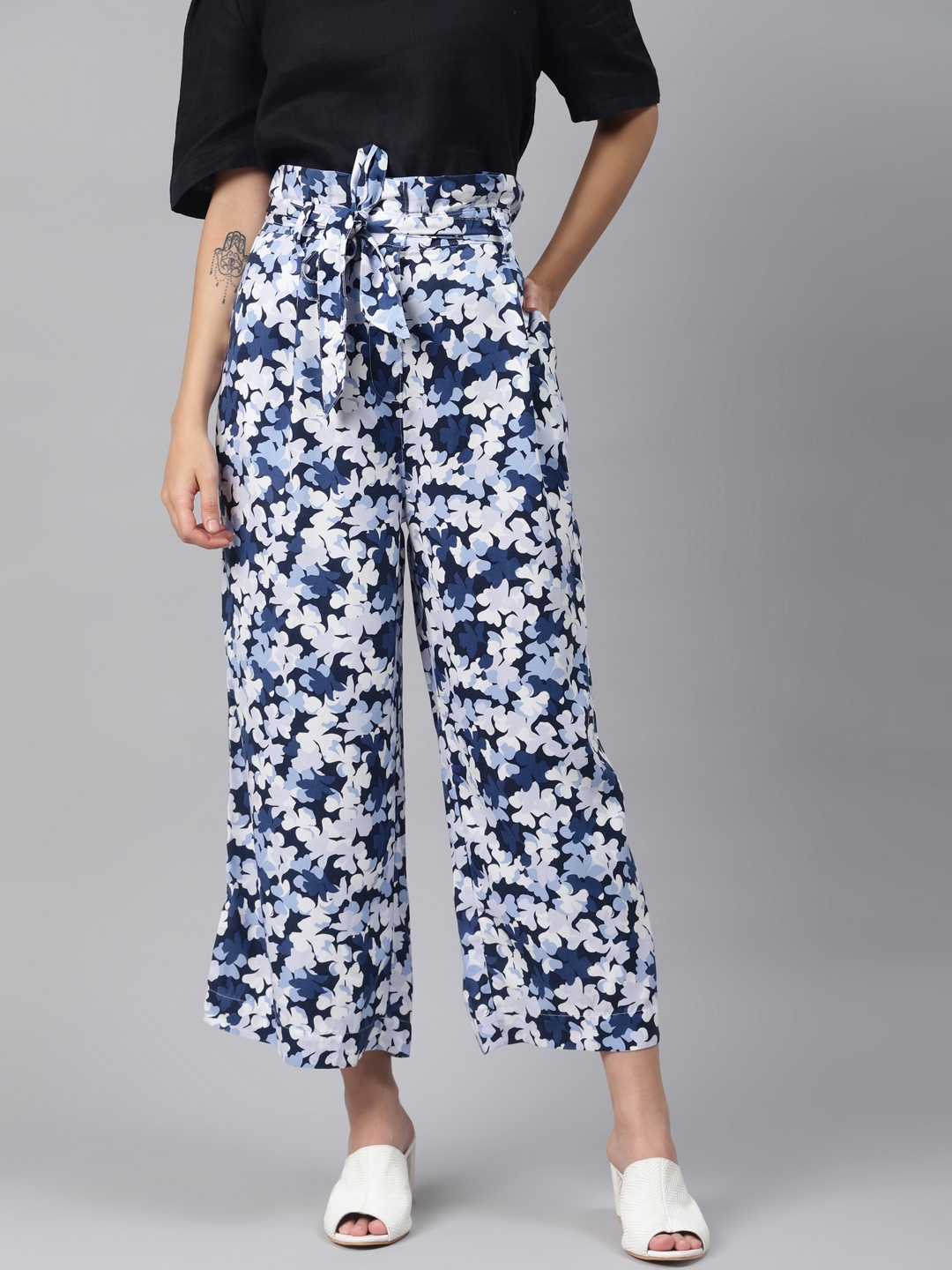 

Marks & Spencer Women Navy Blue & White Flared Floral Printed Crop Parallel Trousers